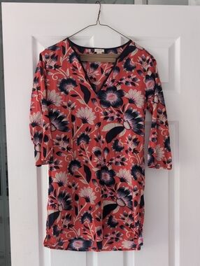 J. Crew Coral Floral Swim Coverup with Navy and Cream Flowers